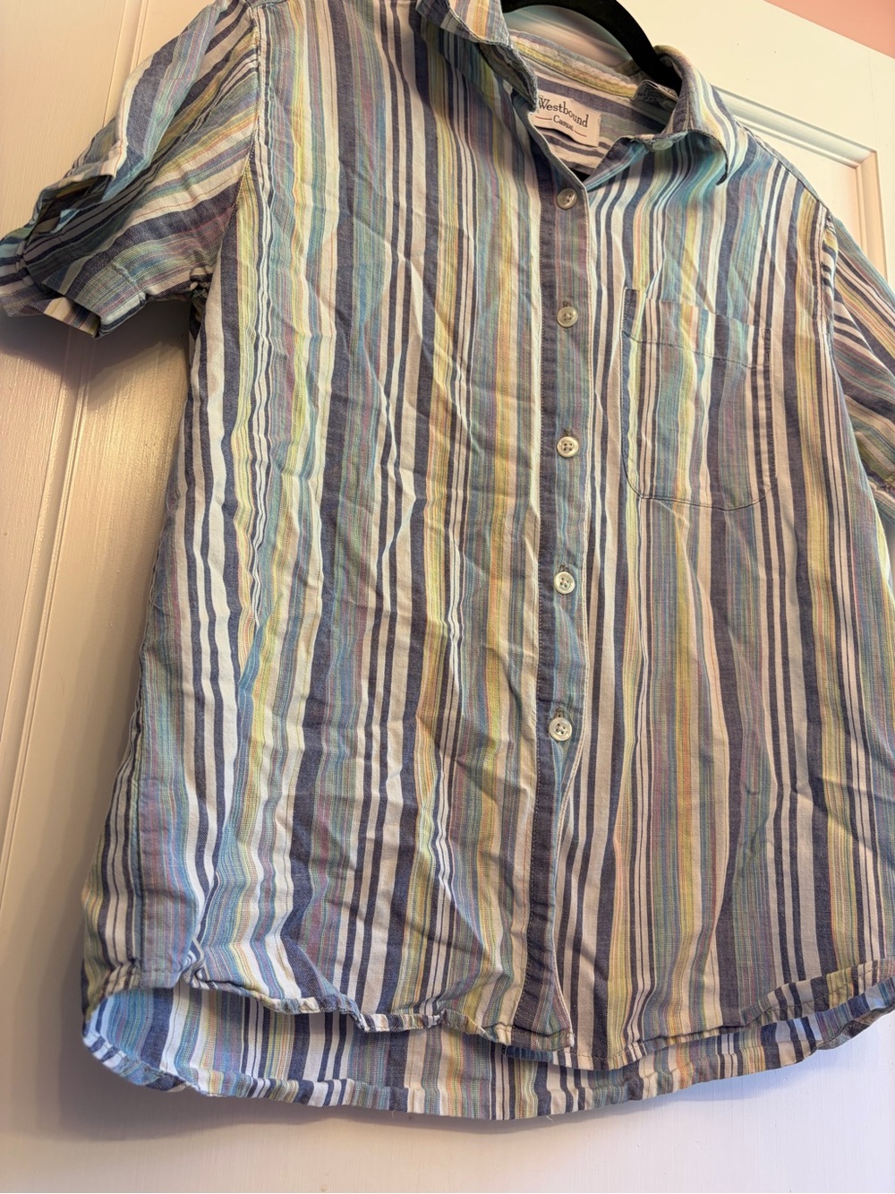 Vintage 100% Cotton Short-Sleeve Striped Button-Up Shirt - Blue/Green Q1